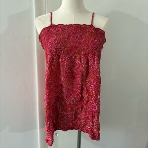 Vtg Magazine Smocked Cami Pink Paisley Beaded Sequin Square Neck Y2K Sz L